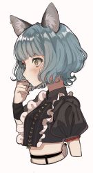 Rule 34 | 1girl, absurdres, animal ear fluff, animal ears, black bow, blue hair, blush, bow, brown eyes, closed mouth, earrings, fingernails, frills, green nails, grey background, highres, jewelry, maple (abc2215), nail polish, nina (valis), puffy sleeves, short hair, simple background, skindentation, solo, valis (sinsekai)