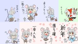Rule 34 | 1boy, 1girl, animal ears, blush, brown dress, capelet, dress, closed eyes, full body, morichika rinnosuke, mouse ears, mouse tail, nazrin, red eyes, sag (karehabase), standing, stick, tail, touhou, translation request