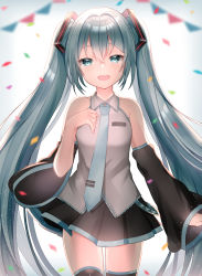 Rule 34 | 1girl, absurdly long hair, anniversary, aqua eyes, aqua hair, artist name, artist request, black skirt, blue eyes, blue hair, blue necktie, blurry, blurry background, blurry foreground, breasts, commentary, confetti, cowboy shot, depth of field, detached sleeves, female focus, floating hair, hatsune miku, highres, long hair, looking at viewer, necktie, open mouth, skirt, small breasts, smile, solo, string of flags, thighhighs, twintails, very long hair, vocaloid, yuni (irohasuiroiro), zettai ryouiki