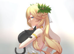Rule 34 | 1girl, absurdres, animal, backless outfit, bare shoulders, bianka durandal ataegina, blonde hair, blue eyes, cat, gold choker, highres, holding, holding animal, honkai (series), honkai impact 3rd, long hair, looking at viewer, looking to the side, open mouth, solo, toga, wavy hair, white background, wreath, youmiao oxo