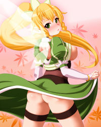 Rule 34 | 10s, 1girl, ass, blonde hair, blush, braid, breasts, ebi tendon, green eyes, highres, large breasts, leafa, long hair, nipples, no panties, no pants, open mouth, pointy ears, ponytail, side braid, solo, sword art online, twin braids, wings