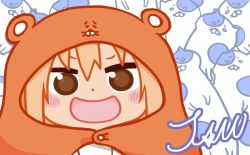 Rule 34 | 10s, 1girl, :d, bad id, bad pixiv id, blonde hair, blush, blush stickers, brown eyes, cape, cat, commentary request, dakimakura (object), doma umaru, himouto! umaru-chan, hood, komaru (himouto! umaru-chan), kuma-tachi jam (artist), looking at viewer, necolumbus, nekoronbusu, open mouth, pillow, smile, solo, upper body