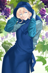 Rule 34 | 1girl, alternate costume, apron, blonde hair, blue apron, blue eyes, commentary request, food, fruit, gloves, grapes, hands on own face, highres, hood, kantai collection, lips, mole, mole under eye, mole under mouth, parted lips, richelieu (kancolle), shingyou (alexander-13), smile, solo, white gloves