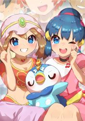 Rule 34 | 2boys, 3girls, absurdres, arabian clothes, ash ketchum, blue eyes, blue hair, blush, breasts, brock (pokemon), brown hair, choker, commentary request, creatures (company), crying, dawn (pokemon), eyelashes, game freak, gen 4 pokemon, grin, hand up, highres, looking at viewer, may (pokemon), multiple boys, multiple girls, navel, nintendo, open mouth, piplup, pokemon, pokemon (anime), pokemon (creature), pokemon dppt (anime), smile, taisa (lovemokunae), tears, teeth, tongue, upper teeth only, w, zoey (pokemon)