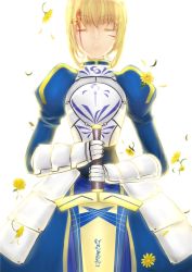 Rule 34 | 1girl, 302lion, ahoge, armor, armored dress, artoria pendragon (fate), avalon (fate/stay night), blonde hair, blood, blood on face, dress, excalibur (fate/stay night), closed eyes, fate/stay night, fate (series), gauntlets, hands on hilt, saber (fate), sheath, sheathed, solo, sword, weapon