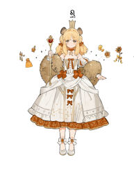 Rule 34 | 1girl, animal ears, bag, black eyes, blonde hair, blush, bottle, bow, braid, buttons, choker, constellation, crown, detached sleeves, doll joints, dress, flower, gem, hair bow, hand up, holding, holding staff, joints, juliet sleeves, leo (constellation), leo (symbol), leo (zodiac), light smile, lion ears, lion girl, long sleeves, looking ahead, looking at viewer, orange ribbon, original, puffy sleeves, red bow, red choker, red ribbon, ribbon, smile, sparkle, staff, starshadowmagician, sunflower, white background, white bow, white dress, white footwear, yellow bag, zodiac