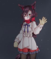 1girl :d animal_ears bad_id bad_pixiv_id breath brown_hair coat commentary_request fang frilled_skirt frills gloves haruirokomici imaizumi_kagerou long_hair long_sleeves looking_at_viewer open_mouth pantyhose red_eyes scarf skirt smile snowing tail touhou wolf_ears wolf_tail