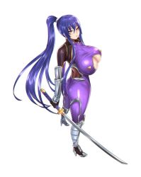 Rule 34 | 1girl, akiyama rinko, arm guards, armor, ass, blue hair, blush, bodysuit, breasts, cleavage, cleavage cutout, clothing cutout, covered navel, curvy, female focus, fishnets, full body, gloves, holding, holding sword, holding weapon, huge breasts, impossible bodysuit, impossible clothes, katana, kurone rinka, lilith-soft, long hair, looking at viewer, ninja, open mouth, original, purple bodysuit, purple eyes, sheath, shiny clothes, shiny skin, solo, sword, taimanin (series), taimanin rpgx, taimanin yukikaze, thighhighs, transparent background, turtleneck, underboob, underboob cutout, very long hair, weapon
