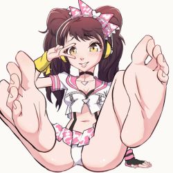 Rule 34 | 1girl, animated, animated gif, barefoot, feet, fingerless gloves, foot focus, gloves, kujikawa rise, looking at viewer, panties, pantyshot, persona, persona 4, shadow (persona), shadow rise, skirt, smile, soles, solo, toe scrunch, toes, twintails, underwear, v, white background, white panties, yuiyuihibana