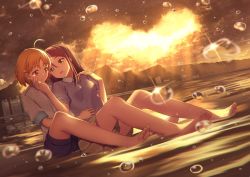 Rule 34 | 10s, 2girls, ahoge, barefoot, cloud, cloudy sky, dutch angle, hand on another&#039;s face, hand on another&#039;s hand, hand on another&#039;s shoulder, hand on another&#039;s stomach, leaning on person, light rays, long hair, looking at another, love live!, love live! sunshine!!, multiple girls, nagareboshi, open mouth, orange hair, outdoors, partially submerged, red eyes, red hair, sakurauchi riko, short hair, shorts, sitting, sky, smile, sunbeam, sunlight, takami chika, water, water drop, yellow eyes, yellow sky, yuri
