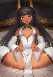 Rule 34 | 1girl, absurdres, animal ears, ankh, black hair, blunt bangs, blush, breasts, breasts apart, brown eyes, dark-skinned female, dark skin, detached sleeves, dress, hair ornament, highres, long hair, long sleeves, looking at viewer, mathew (srmmk mce), on bed, open mouth, original, pelvic curtain, small breasts, solo, spread legs, thighhighs, tongue, tongue out, very long hair, white dress, white thighhighs