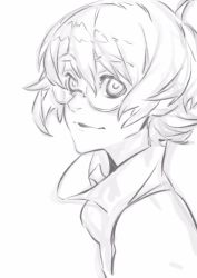 Rule 34 | 1girl, glasses, greyscale, high collar, highres, miwa shirow, monochrome, pidge gunderson, reverse trap, short hair, sidelocks, simple background, smile, solo, thick eyebrows, upper body, voltron: legendary defender, voltron (series), white background