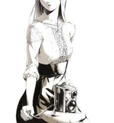 Rule 34 | 1girl, bad id, bad pixiv id, breasts, camera, fashion, floral print, greyscale, head out of frame, large breasts, long hair, monochrome, open mouth, original, skirt, solo, sousou (sousouworks), twin-lens reflex camera