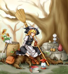 Rule 34 | 1girl, apron, arm support, bag, black dress, blonde hair, blue eyes, book stack, boots, bow, braid, broom, brown footwear, brown gloves, closed mouth, crossed ankles, cup, dress, flower, full body, gloves, hair between eyes, hair bow, hat, hat bow, juliet sleeves, kirisame marisa, lantern, long hair, long sleeves, looking at viewer, mug, puffy sleeves, side braid, sitting, solo, sunflower, touhou, tree, waist apron, white bow, witch hat, xian gu