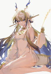 Rule 34 | 1girl, absurdres, arknights, bare shoulders, barefoot, blonde hair, blurry, blush, colored skin, dragon girl, dragon horns, dragon tail, dress, full body, grey hair, grey horns, grey tail, hair between eyes, hair intakes, hand up, haoyou xiao tianshi, highres, holding, holding plant, horns, jacket, jewelry, long hair, long sleeves, looking at viewer, multicolored hair, necklace, off shoulder, one-hour drawing challenge, open clothes, open jacket, parted lips, plant, pointy ears, purple eyes, purple hair, purple horns, shu (arknights), side slit, simple background, sitting, sketch, smile, solo, strapless, strapless dress, tail, unfinished, very long hair, wheat, white background, white dress