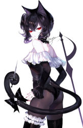 Rule 34 | 1girl, animal ears, artist name, ass, bare shoulders, black hair, black leotard, bridal garter, cat ears, cat tail, commentary, cowboy shot, highres, holding, holding with tail, knife, leotard, long sleeves, looking at viewer, off shoulder, original, pantyhose, prehensile tail, red eyes, sheya, short hair, signature, solo, standing, tail