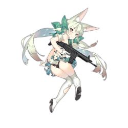 Rule 34 | &gt;:), 1girl, :p, animal ear fluff, animal ears, art556 (girls&#039; frontline), ass, assault rifle, black panties, blush, boots, bow, brazil, brown eyes, closed mouth, commentary, floating hair, from behind, full body, girls&#039; frontline, gloves, green bow, green hair, green ribbon, gun, hair between eyes, hair bow, hair ribbon, high heel boots, high heels, holding, holding gun, holding weapon, knees together feet apart, long hair, looking at viewer, looking back, name connection, object namesake, official art, over-kneehighs, panties, ribbon, rifle, saru, shadow, smile, solo, taurus art556, thigh boots, thighhighs, thighs, tongue, tongue out, torn clothes, torn legwear, transparent background, trigger discipline, twintails, underwear, v-shaped eyebrows, weapon, white gloves, white thighhighs