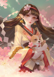 Rule 34 | 1girl, absurdres, alternate skin color, animal, brown eyes, brown hair, dog, earrings, flower, hairband, highres, holding, holding animal, holding dog, japanese clothes, jewelry, kimono, long hair, looking at viewer, onmyoji, pink flower, red hairband, shide, solo, standing, tiaotiaomeimei, tongue, tongue out, very long hair, wide sleeves