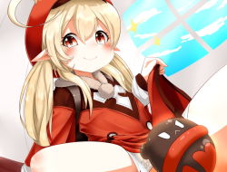 Rule 34 | 1girl, ahoge, bag, blonde hair, blue sky, blush, cabbie hat, clothes lift, cloud, day, dress, dress lift, genshin impact, hat, klee (genshin impact), lifting own clothes, looking at viewer, mitsubasa miu, open mouth, panties, pointy ears, red dress, red eyes, red hat, sky, smile, solo, spread legs, underwear, white panties, window