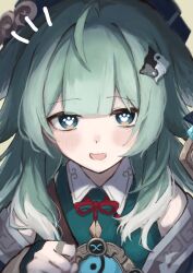 1girl :d ahoge bare_shoulders blush commentary_request enunu_7e fox_girl green_eyes green_hair hand_up hat heart heart-shaped_pupils highres honkai:_star_rail honkai_(series) huohuo_(honkai:_star_rail) long_hair looking_at_viewer notice_lines open_mouth paw-shaped_pupils simple_background smile solo symbol-shaped_pupils upper_body yin_yang_hair_ornament