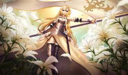 Rule 34 | 1girl, armor, bad id, bad pixiv id, banner, black thighhighs, blonde hair, blue eyes, elbow gloves, fate/apocrypha, fate/grand order, fate (series), flower, gauntlets, gloves, greaves, helmet, jeanne d&#039;arc (fate), jeanne d&#039;arc (ruler) (fate), jeanne d&#039;arc (third ascension) (fate), lily (flower), long hair, meaomao, sheath, sheathed, solo, sword, thighhighs, very long hair, weapon