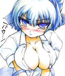 Rule 34 | 1girl, alternate breast size, areola slip, blue eyes, blue hair, blush, bow, breasts, cirno, cleavage, dress shirt, hair bow, large breasts, looking at viewer, matching hair/eyes, no bra, aged up, scowl, shirt, short hair, solo, touhou, tsurime, upper body, vlen, yazuki gennojou