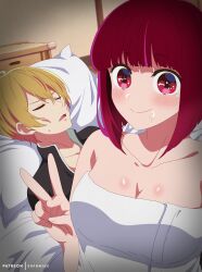 Rule 34 | 1boy, 1girl, absurdres, arima kana, artist name, blonde hair, blunt bangs, blush, bob cut, breasts, cleavage, closed eyes, closed mouth, collarbone, commentary, crossed bangs, cum, english commentary, eufoniuz, eyelashes, eyes visible through hair, facial, guy tired after sex (meme), hair between eyes, head on pillow, hetero, highres, hoshino aquamarine, implied after fellatio, indoors, large breasts, looking at viewer, lying, meme, mixed-language commentary, naked towel, on back, on bed, open mouth, oshi no ko, paid reward available, red eyes, red hair, shiny skin, short hair, smile, split mouth, straight hair, stray pubic hair, sunken cheeks, sweatdrop, towel, v, white towel, wide-eyed