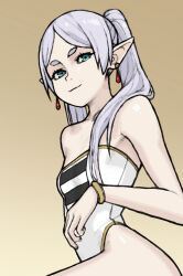Rule 34 | 1girl, adapted costume, bracelet, brown background, commentary, drop earrings, earrings, frieren, gradient background, green eyes, grey hair, highleg, highleg leotard, jewelry, leotard, long hair, looking at viewer, off-shoulder leotard, parted bangs, pointy ears, smug, solo, sousou no frieren, striped clothes, striped leotard, twintails, wabaki, white leotard
