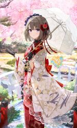 Rule 34 | 1girl, black gloves, blush, bridge, brown hair, bug, butterfly, cherry blossoms, closed mouth, floral print, flower, fuumi (radial engine), gloves, hair flower, hair ornament, hair ribbon, hand up, highres, holding, holding umbrella, insect, japanese clothes, kanzashi, kimono, long sleeves, looking at viewer, medium hair, obi, original, outdoors, parasol, pink flower, print kimono, purple eyes, red flower, red kimono, ribbon, sash, smile, solo, standing, stream, tree, umbrella, wide sleeves