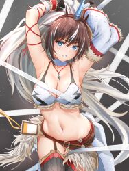 Rule 34 | 1girl, absurdres, arknights, armpits, arms up, bare shoulders, belt, black gloves, black thighhighs, blue eyes, breasts, brown hair, choker, cleavage, commentary request, cowboy shot, detached sleeves, fur trim, gloves, grey background, highres, horns, jewelry, kirin r yato (arknights), large breasts, looking at viewer, monster hunter (series), navel, pendant, pointy ears, solo, stomach, thighhighs, thighs, white choker, yato (arknights), yukinoshiro
