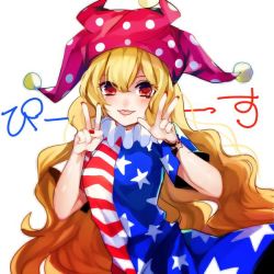Rule 34 | 1girl, american flag dress, bad id, bad pixiv id, blonde hair, blush, clownpiece, daimaou ruaeru, double v, hat, jester cap, long hair, looking at viewer, red eyes, short sleeves, simple background, smile, solo, star (symbol), striped, text focus, tongue, tongue out, touhou, v, white background