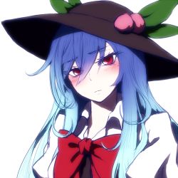 Rule 34 | 1girl, blue hair, blush, food, fruit, hat, hinanawi tenshi, looking at viewer, miata (miata8674), peach, portrait, puffy sleeves, red eyes, ribbon, simple background, solo, touhou, white background