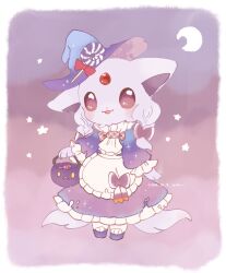 1girl :3 :d animal_ears animal_hands apron border bow braid candy cat_ears creatures_(company) crescent dated dress espeon food forehead_jewel frilled_dress frills full_body furry furry_female game_freak gem gen_2_pokemon halloween_bucket hat highres lollipop looking_at_viewer mkt_(buizu-miki) multiple_tails nintendo open_mouth pokemon pokemon_(creature) puffy_sleeves purple_background purple_bow purple_dress purple_eyes purple_footwear purple_fur purple_hair purple_hat red_gemstone simple_background smile solo standing star_(symbol) tail twin_braids two_tails white_apron white_border witch_hat