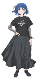 Rule 34 | 1girl, arm at side, black footwear, black shirt, blue hair, bocchi the rock!, closed mouth, dot nose, expressionless, eyes visible through hair, full body, grey skirt, hair over one eye, hand on own hip, highres, kessoku band logo, kessoku band t-shirt, layered sleeves, long skirt, long sleeves, looking at viewer, mole, mole under eye, official art, shirt, shoes, short hair, short over long sleeves, short sleeves, simple background, skirt, solo, standing, t-shirt, tachi-e, transparent background, yamada ryo, yellow eyes