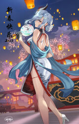 Rule 34 | 1girl, 2023, absurdres, aerial fireworks, alternate costume, alternate hairstyle, architecture, ass, back cutout, bare back, bare legs, bare shoulders, black gloves, breasts, building, china dress, chinese clothes, chinese new year, clothing cutout, commentary request, dated, dress, earrings, east asian architecture, fireworks, foot out of frame, genshin impact, gloves, god hunter, hair bun, hair ornament, hand fan, high heels, highres, holding, holding fan, jewelry, lantern, long hair, looking at viewer, looking back, medium breasts, paper lantern, parted lips, shenhe (genshin impact), side slit, sidelocks, signature, sky, sky lantern, sleeveless, sleeveless dress, solo, standing, tassel, tassel earrings, thigh strap, thighs, translation request, white dress, white footwear, white hair