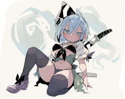 Rule 34 | 1girl, bikini, black bikini, black bow, black thighhighs, bow, breasts, breasts out, bright pupils, closed mouth, ears visible through hair, eyes visible through hair, footwear bow, front-tie bikini top, front-tie top, full body, grey eyes, grey footwear, grey hair, hair between eyes, hair bow, hatching (texture), highres, hitodama, katana, knee up, konpaku youmu, konpaku youmu (ghost), linear hatching, loafers, looking at viewer, massakasama, medium breasts, medium hair, navel, partially unbuttoned, puffy short sleeves, puffy sleeves, raised eyebrow, sheath, sheathed, shoes, short sleeves, sitting, solo, swimsuit, sword, thighhighs, touhou, weapon, weapon on back, white background, white pupils