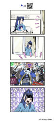 Rule 34 | 4koma, bed, blue robe, book, cardboard cutout, comic, commentary, crying, emoji, emphasis lines, highres, holding, holding book, holding sign, hololive, hololive english, hospital bed, korean text, kronie (ouro kronii), long hair, mixed-language text, ouro kronii, ponytail, qr code, robe, sharp teeth, sign, silent comic, sweatdrop, symbol-only commentary, taka t, tears, teeth, translation request, twitter username, v-shaped eyebrows, virtual youtuber, window