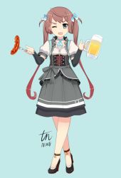 Rule 34 | 1girl, adapted costume, alcohol, alternate costume, apron, arm warmers, asagumo (kancolle), ascot, barmaid, beer, beer mug, blue background, brown hair, corset, cup, dirndl, food, fork, full body, german clothes, grey skirt, hair between eyes, hair ribbon, holding, holding cup, kantai collection, long hair, looking at viewer, mug, oktoberfest, open mouth, puffy short sleeves, puffy sleeves, ribbon, sausage, short sleeves, grey eyes, simple background, skirt, smile, solo, standing, tun, twintails, underbust, waist apron