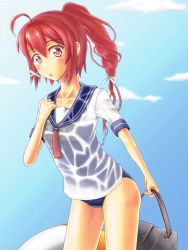 Rule 34 | 10s, 1girl, bad id, bad pixiv id, halcyon (halcyon90), highres, i-168 (kancolle), kantai collection, long hair, personification, ponytail, red eyes, red hair, school swimsuit, school uniform, serafuku, swimsuit, swimsuit under clothes, wet