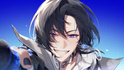 Rule 34 | 13 (bbr584607091), 1boy, absurdres, black hair, black nails, blue background, blue eyes, choker, commentary, commentary request, earrings, gradient background, grey jacket, grin, highres, holding, holding microphone, indie utaite, jacket, jewelry, looking at viewer, male focus, microphone, nail polish, outstretched hand, portrait, smile, solo, symbol-only commentary, unnamed (utaite), upper body