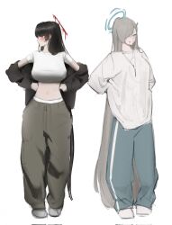 Rule 34 | 2girls, absurdly long hair, asuna (blue archive), baggy clothes, baggy pants, black hair, black jacket, blue archive, blue pants, breasts, crop top, full body, grey hair, grey pants, halo, hands on own hips, highres, jacket, jewelry, large breasts, long hair, long sleeves, multiple girls, necklace, oilo 515, pants, red eyes, shirt, short sleeves, simple background, sketch, standing, sweat, sweatpants, tsurugi (blue archive), very long hair, white background, white shirt