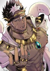 Rule 34 | 1boy, abs, aion kiu, bara, bare pectorals, beard, brown hair, cape, collar, dark-skinned male, dark skin, facial hair, facial mark, from above, goatee, gold, headband, jewelry, large pectorals, long sideburns, looking at viewer, male focus, mature male, multicolored hair, multiple rings, muscular, muscular male, navel, necklace, nipples, pectorals, pointy ears, revealing clothes, ring, short hair, sideburns, snake, solo, spiked hair, stomach, stubble, tangaroa (housamo), tokyo houkago summoners, tribal, two-tone hair, upper body, white cape, white hair, white snake, yellow eyes
