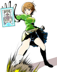 Rule 34 | 1girl, atlus, bike shorts, bike shorts under skirt, breasts, brown eyes, brown hair, cameltoe, card, clenched hand, fighting stance, flat color, highres, houndstooth, jacket, kyo9999, large breasts, persona, persona 4, satonaka chie, short hair, shorts, shorts under skirt, simple background, solo, tarot, track jacket, upskirt, wind, wind lift, zipper