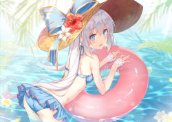 Rule 34 | 1girl, ass, back, bikini, bikini skirt, blue bikini, blue eyes, breasts, fate/grand order, fate (series), floating, flower, hat, hat flower, hat ribbon, highres, innertube, kyaroru, leaf, looking at viewer, marie antoinette (fate), marie antoinette (swimsuit caster) (third ascension) (fate), open mouth, petals, petals on liquid, ribbon, sidelocks, small breasts, smile, sun hat, swim ring, swimsuit, twintails, water, white hair