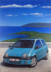 Rule 34 | acrylic paint (medium), atelier masaki, blue sky, car, cloud, commentary request, day, highres, horizon, license plate, motor vehicle, mountain, no humans, ocean, original, outdoors, painting (medium), renault, renault twingo, scenery, sky, traditional media, tree, vehicle focus, water