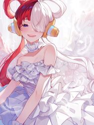 Rule 34 | 1girl, blush, choker, commentary request, dress, feathers, frilled choker, frilled dress, frills, hair over one eye, headphones, highres, kurage20001, multicolored hair, one piece, purple eyes, red hair, smile, solo, strapless, strapless dress, twintails, two-tone hair, upper body, uta (one piece), white dress, white hair, wings