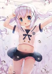 Rule 34 | 1girl, arms up, barefoot, blue eyes, blue hair, blue skirt, buttons, clothes lift, crop top, double-breasted, gluteal fold, gochuumon wa usagi desu ka?, groin, hair bobbles, hair ornament, highres, kafuu chino, long hair, midriff, navel, open mouth, panties, pleated skirt, short sleeves, skirt, skirt lift, solo, striped clothes, striped panties, taku michi, thighs, twintails, underwear, water drop, wind, wind lift, x hair ornament