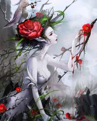 Rule 34 | 1girl, animal, animal on head, bare shoulders, bird, bird on head, branch, breasts, camellia, cleavage, cloud, detached sleeves, eyelashes, flower, fog, hair flower, hair ornament, highres, horns, injury, leaf, long hair, lsr, mountain, mouth hold, on head, original, outdoors, pale skin, plant, pointy ears, profile, reaching, reaching towards viewer, red flower, red lips, rock, sky, solo, upper body, vines, wings