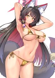 Rule 34 | 1girl, absurdres, alternate costume, animal ear fluff, animal ears, armpits, arms up, bikini, black hair, blue archive, blush, breasts, colored inner hair, commentary request, fox ears, fox girl, fox tail, front-tie bikini top, front-tie top, gold bikini, halo, highres, large breasts, multicolored hair, navel, parted lips, red hair, side-tie bikini bottom, sideboob, simple background, smile, solo, stomach, swimsuit, tail, teeth, thighs, underboob, wakamo (blue archive), white background, wisespeak, yellow eyes