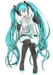 Rule 34 | 1girl, aqua hair, bad id, bad pixiv id, closed eyes, detached sleeves, female focus, full body, gradient background, hatsune miku, highres, long hair, maccha (jam513), necktie, simple background, sitting, skirt, smile, solo, thighhighs, twintails, very long hair, vocaloid, white background, zettai ryouiki